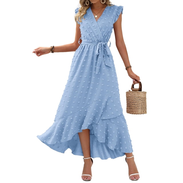 Vestido BTFBM escote en V con lunares suizos, estilo boho, volante y largo, azul, talla M
