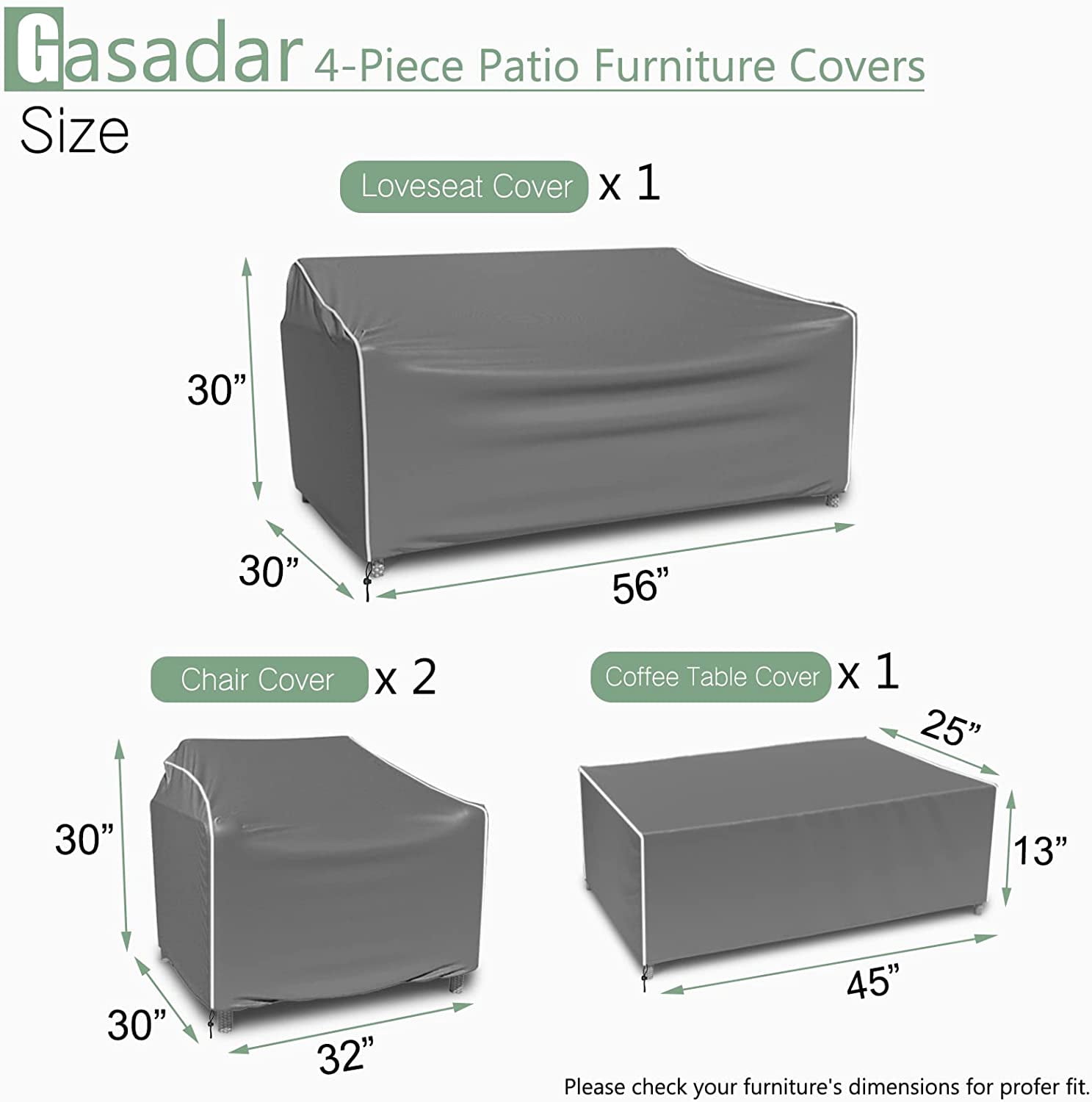 Patio Furniture Covers, 4-Piece Outdoor Cover Waterproof for Loveseat, Chair and Coffee Table, 500D Heavy Duty, Grey