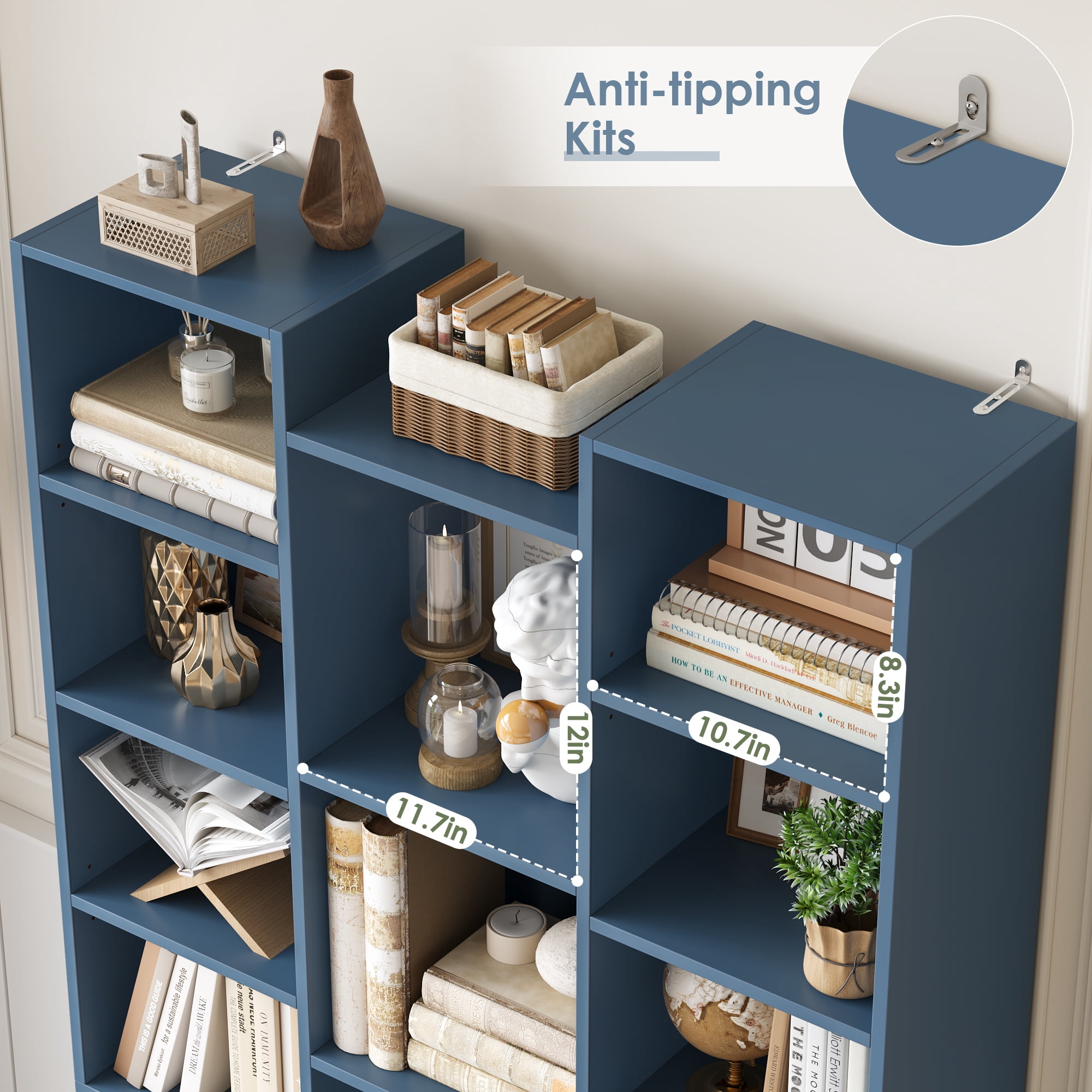 Homfa 2 Pieces Blue Bookshelves, 71’’ Tall Three Row Bookshelf with Adjustable Shelves, 21-Cubes CD Display Storage Organizer Shelf for Living Room Home Office