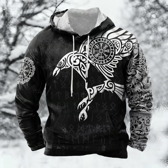 KANG European Norse Mythology Hooded Retro Casual Printed Hooded Sweatshirt
