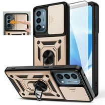 OnePlus Nord N200 5G Case with Tempered Glass Screen Protector, Dteck Rugged Shockproof Case with Camera Lens Slide Protection, Built-in Kickstand, Magnetic Hard Back Cover,Gold