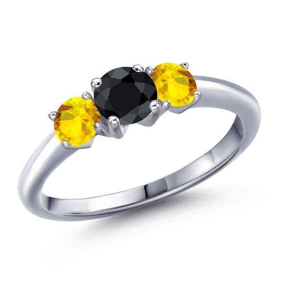 Gem Stone King 925 Sterling Silver Black Sapphire and Yellow Sapphire Engagement Ring for Women | 1.41 Cttw | Round 5MM | Gemstone September Birthstone | Size 9