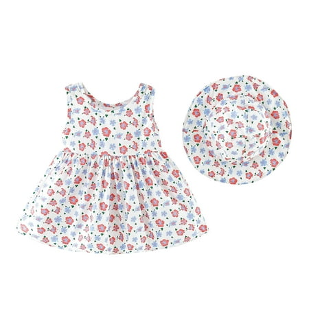

TUOBARR Summer Savings Clearance 2023! Girls Summer Dress Toddler Girls Dress Cotton Blend Sleeveless Floral Print Kids Casual Dresses With Hat Set Sky Blue 100