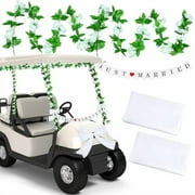 7 Pcs Wedding Golf Cart Decorations Just Married Sign Banner and Rose Garland Gauze Sheer Draping Fabric for Car Decorations Honeymoon Wedding Reception Bridal Shower