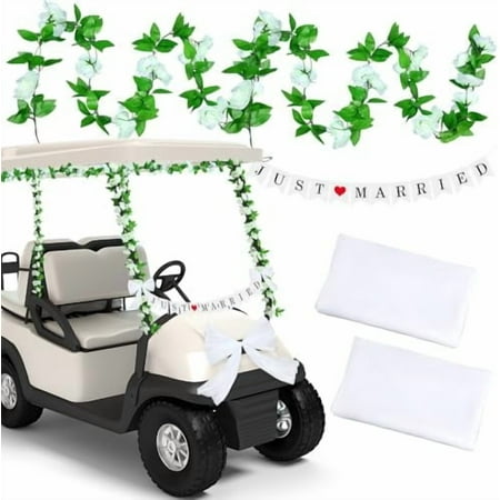 7 Pcs Wedding Golf Cart Decorations Just Married Sign Banner and Rose Garland Gauze Sheer Draping Fabric for Car Decorations Honeymoon Wedding Reception Bridal Shower
