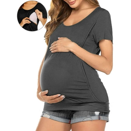 

Spencer Women s Maternity Nursing Top Short Sleeve Maternity Shirt Breastfeeding Tee Shirt Double Layer Pregnancy Shirt Blouse Pregnancy Clothes (Gray XL)
