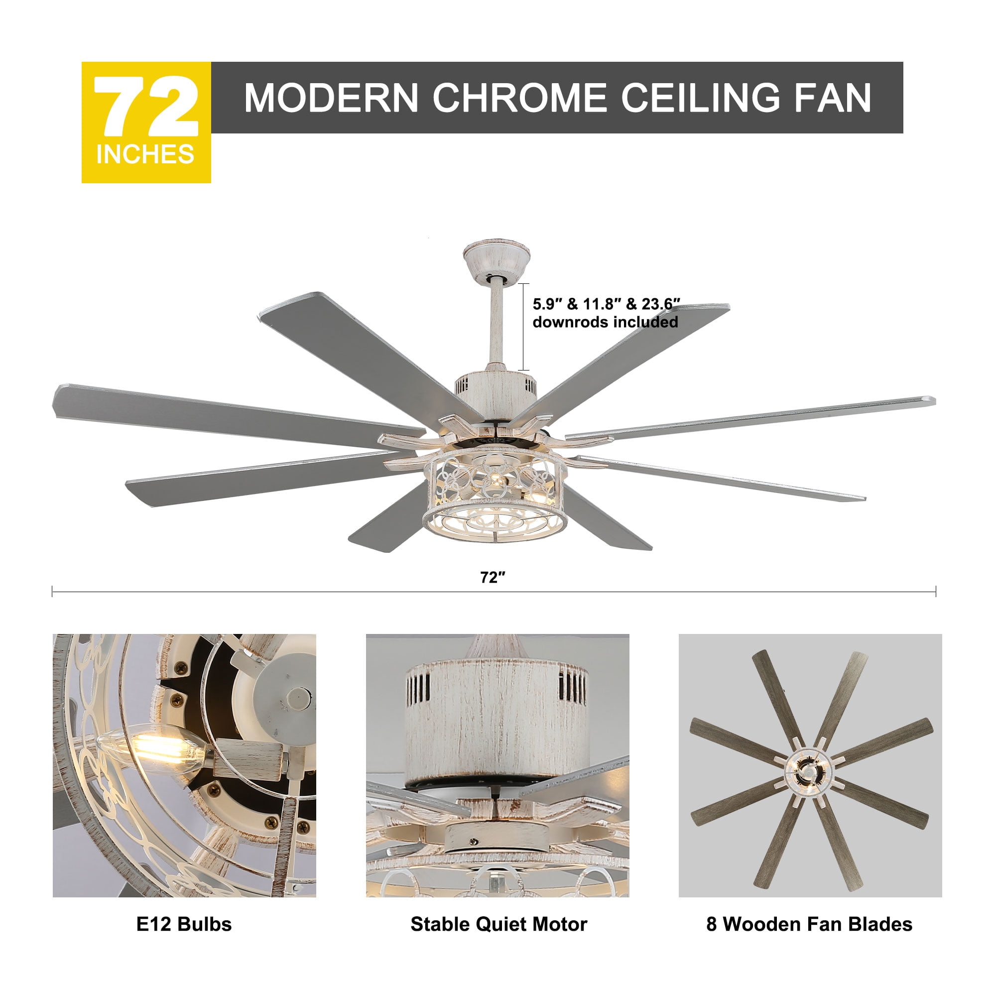 Chords Attic 72" Reversible 8-Blade Ceiling Fan with LED Lights, Remote 3-Color, 6-Speed and Timer