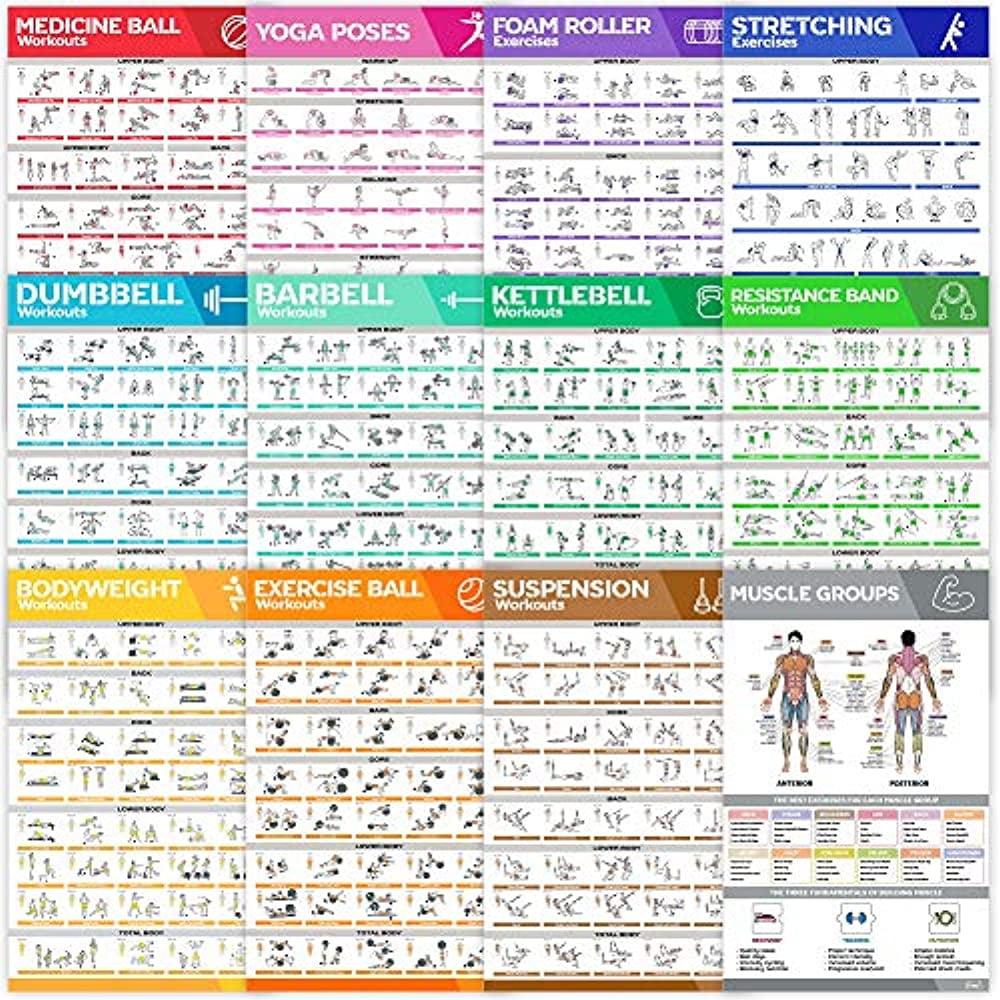 Exercise Workout Poster Set Suspension Dumbbell Bodyweight & More Fitness Gym Posters Laminated, 17 x 28 Double Sided Kettlebell Resistance Bands 12 Pack Yoga