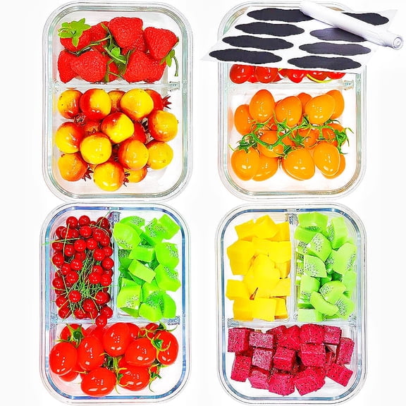 8 Pcs Glass Food Storage Containers with Lids, 2 & 3 Compartment Glass Airtight Meal Prep Containers (4 Containers & 4 Lids), Oven & Freezer Safe, Leak Proof