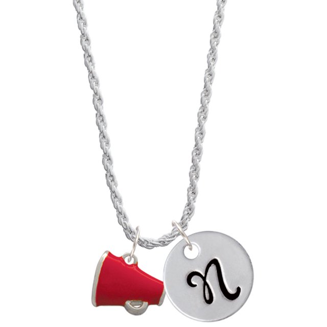 Delight Jewelry Silvertone Small Red Megaphone Silvertone Script Initial Disc - N - Charm Necklace, 20"+3"