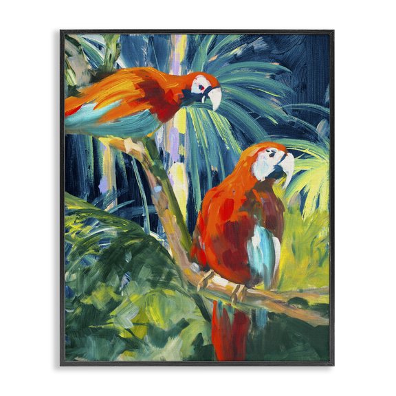 Stupell Industries Coastal Tropical Parrots in Jungle Black Framed Giclee Art, 16 x 20, by Jane Slivka