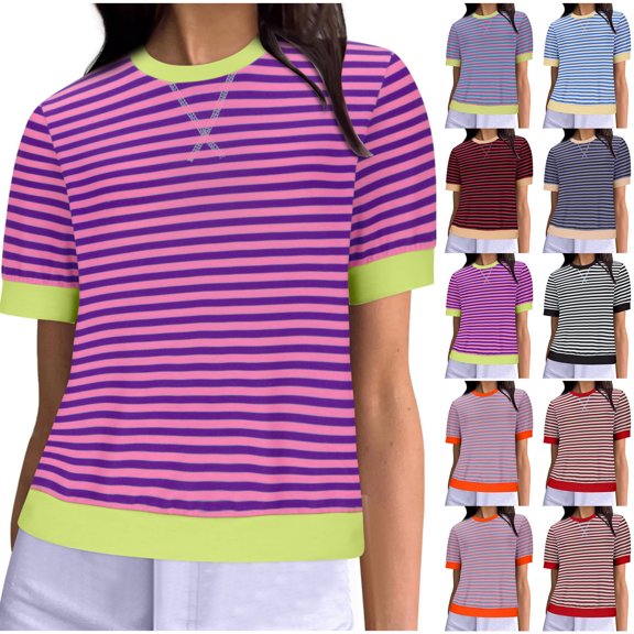 YHAJDS Summer Shirts for Women Short Sleeve Round Neck Tee Casual Striped Print Top