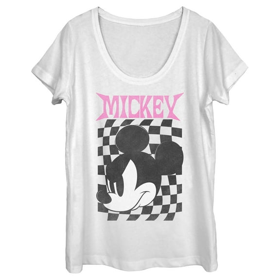 Women's Mickey & Friends Angry Checker Logo  Scoop Neck White Small