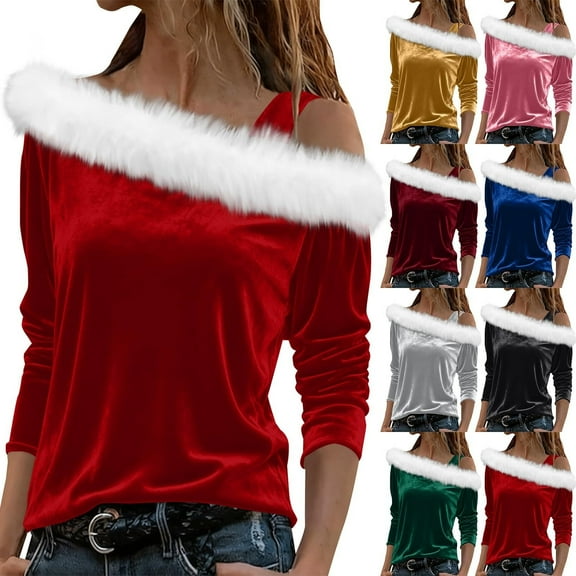 BiZtdJrK Off Shoulder Christmas Sweater for Women Santa Velvet Long Sleeve Fleece Neck Cute Tops Ugly Xmas Sweatshirts, Red, XXL
