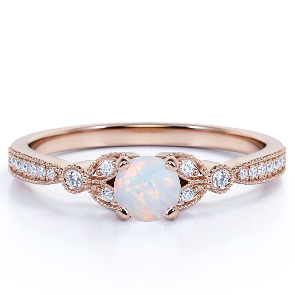 JeenMata Vintage 1 ct round Welo Opal and Moissanite Floral Engagement Ring in 18K Rose Gold over Silver