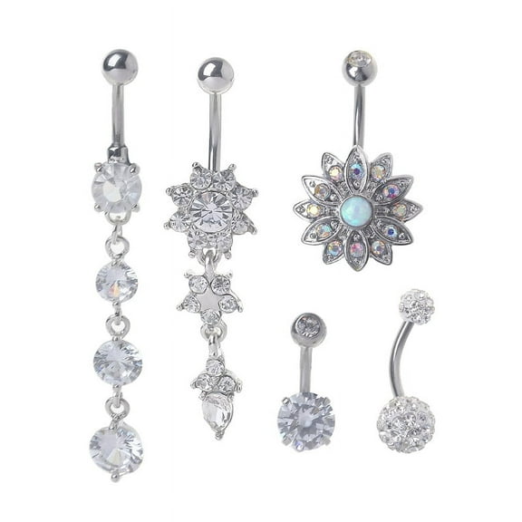 ESTONE 5Pcs Titanium Dangle Belly Button Ring Navel Curved Barbel CZ Stone Piercing Set
