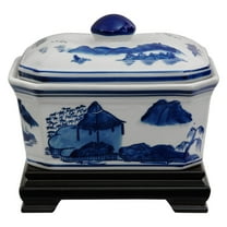 Oriental Furniture 8" Landscape Blue & White Porcelain Covered Jar, decorative item