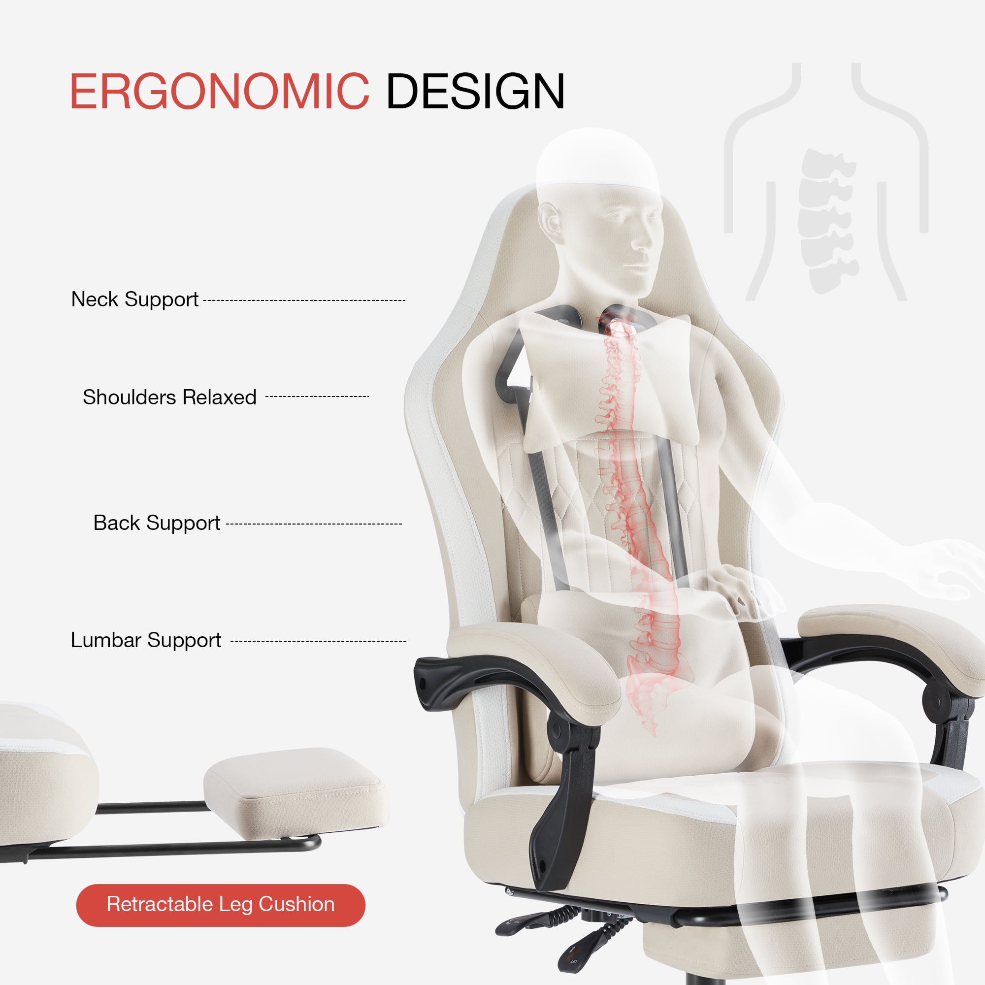 MCQ Computer Gaming Task Chair, High Back Ergonomic with Linkage Armrests, Footrest and Lumbar Support, 360° Swivel Wheels, Khaki