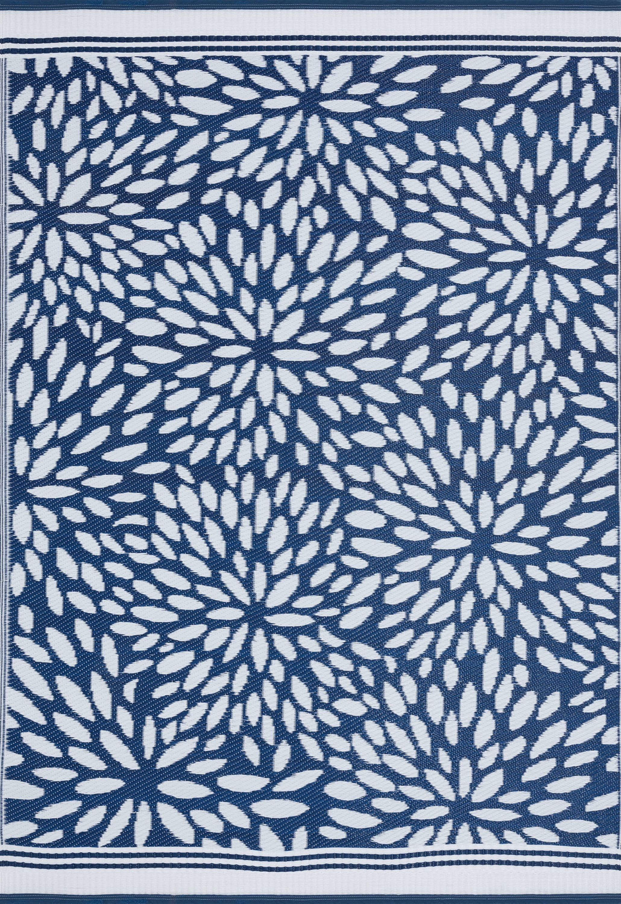 8x10 Reversible Navy and White Polypropylene Outdoor Floral Area Rug