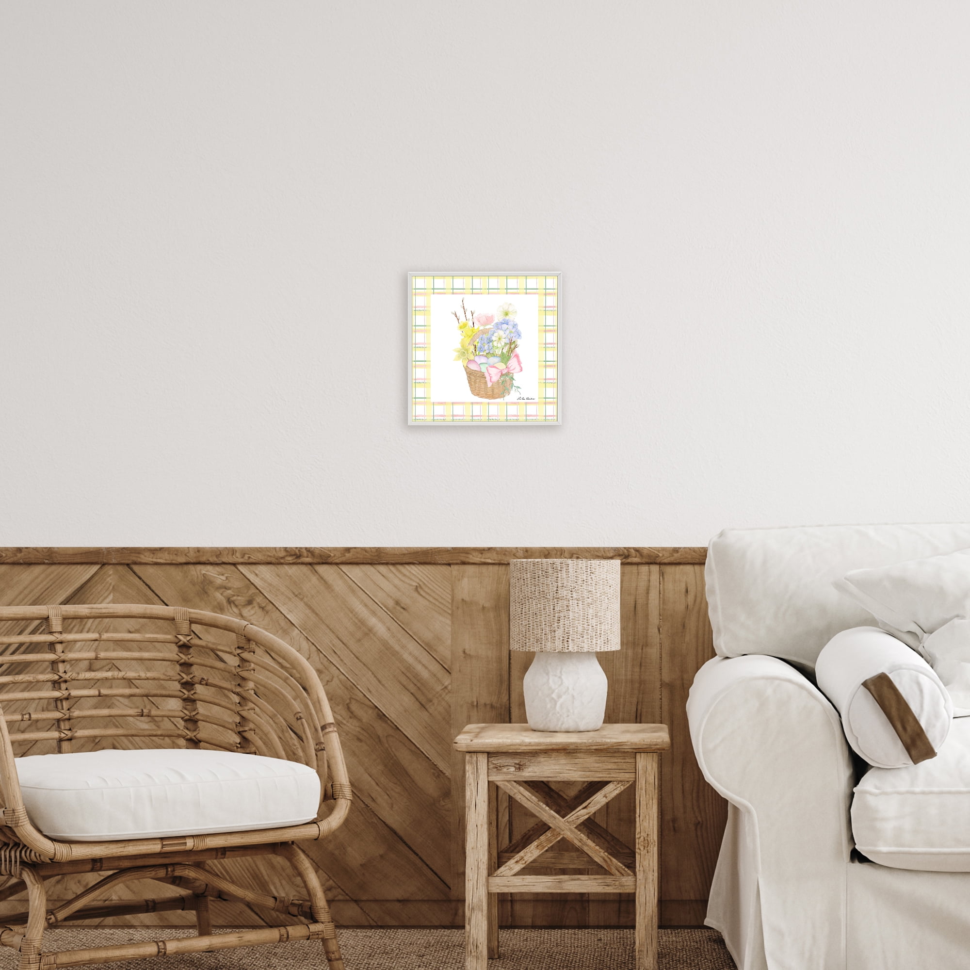 Spring Basket on Plaid White Framed Giclee Art, design by Lee Ann Sanders