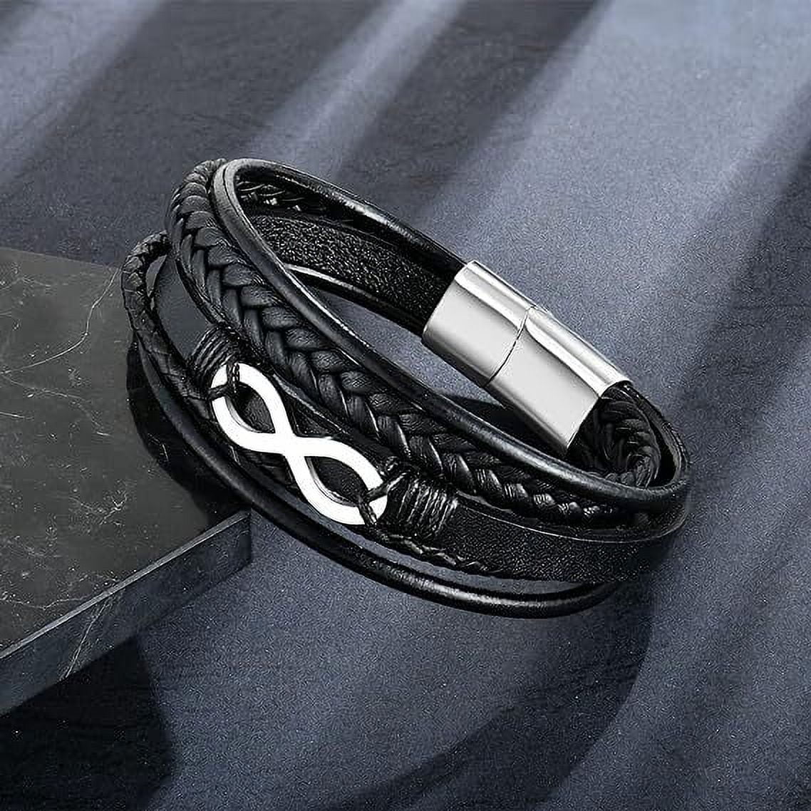 Raymard Mens Infinity 8 Multi-Layer Leather Bracelet,8.5" Black and White Bracelet for Men