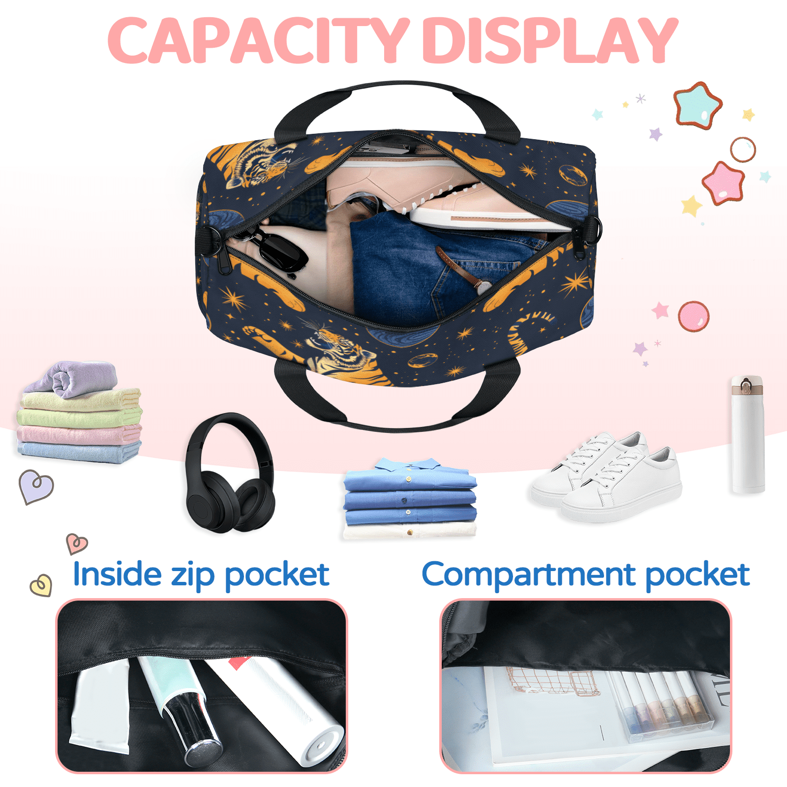 Herdesigns Tiger Gym Bag for Women, Duffle Bag for Travel Sport, Moon Star Lightweight Waterproof Carry on Weekender Dance Yoga Workout Bags