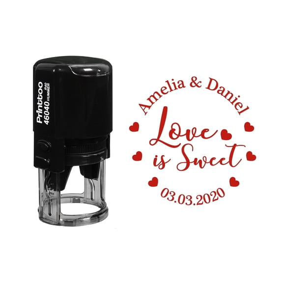 Printtoo Personalized Red Self Inking Wedding Favor Rubber Heavy Duty Stamp Love Is Sweet Round Custom Stamper-40 mm
