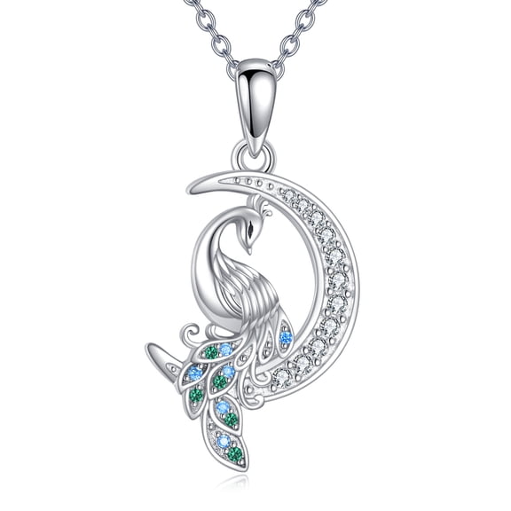 Peacock Necklace Sterling Silver Moon Pendant Peacock Jewelry Gifts for Peacock Lovers