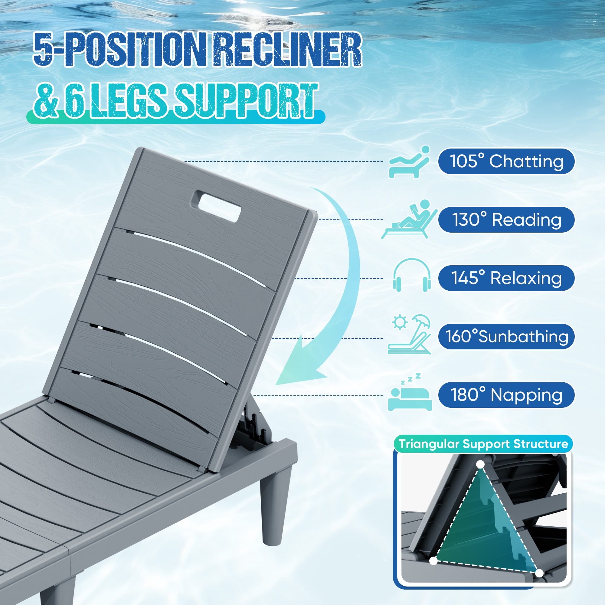 Vineego Set of 2 Patio Outdoor Chaise Lounge Chair Recliner with Adjustable Backrest, Gray