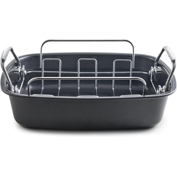 Roasting Pan with Rack - 17x13.6 Inch Large Turkey Roaster Pan - Double Ply Non-Stick Coated Turkey Pan for Oven - Hold Up to 24 Lbs Chicken, Gray