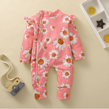 

Puloru Girl’s Sunflower Printed One-piece Romper Long Fly Sleeve Ruffled Front Hidden Zipper Closure Bodysuit for Spring/Autumn