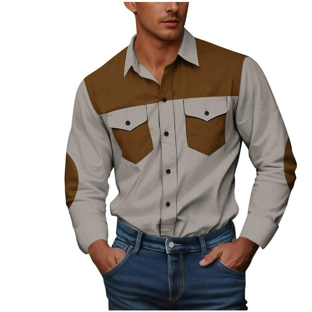 Chemises Longues pour Hommes Chemises avec Doubles Poches Hommes Décontracté Mode Bouton Doubles Poches Imprimé Patchwork Manches Longues Col Rabattu Chemise de Travail Chemises à Boutons pour Hommes Chemises à Manches Longues pour Hommes