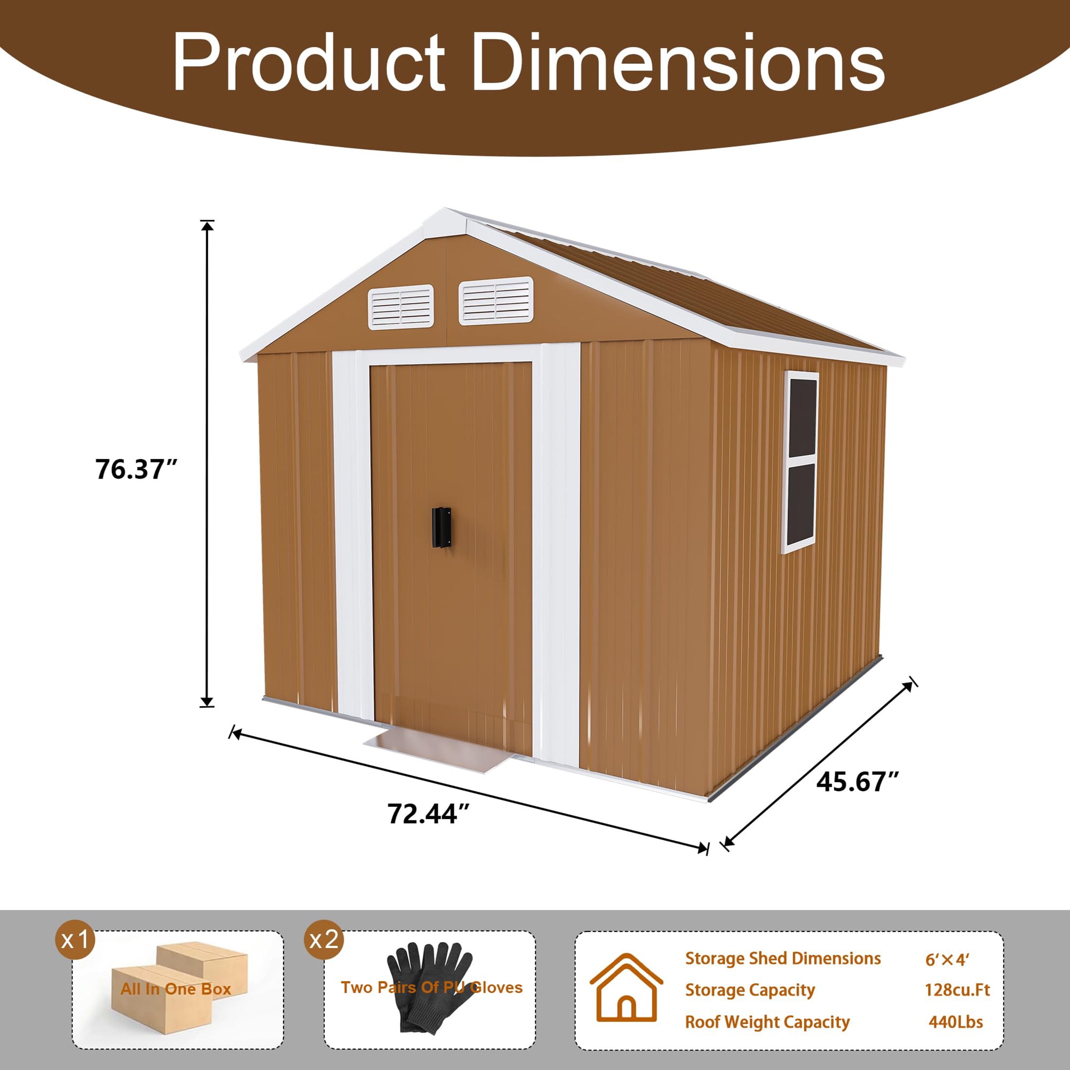 6*4 FT Outdoor Storage Shed with Windows, Metal Garden Tool Shed with Lockable Door & Ventilation, outside storage for Backyard, Lawn, Patio,Yard, bike,Brown