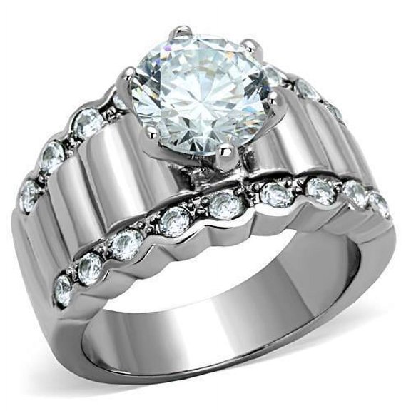 High polished (no plating) Stainless Steel Ring with AAA Grade CZ in Clear for Women Clear Stone Color Style TK1524 Size 10