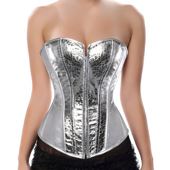 Grebrafan Punk Sequin Leather Corset Bustier with Zipper Silver XS