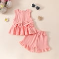 thumbnail image 5 of Girls Set Casual Sleeveless Bow Solid Vest T Shirt Tops Ruffles Shorts Girls Clothing Sets,Pink,Size 6 -12 Months, 5 of 6