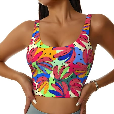 Adobk Colorful Bananas Print Sports Bras for Women Longline Workout Crop Tank Tops Padded with Built in Shelf Padded Sports Bra-Large