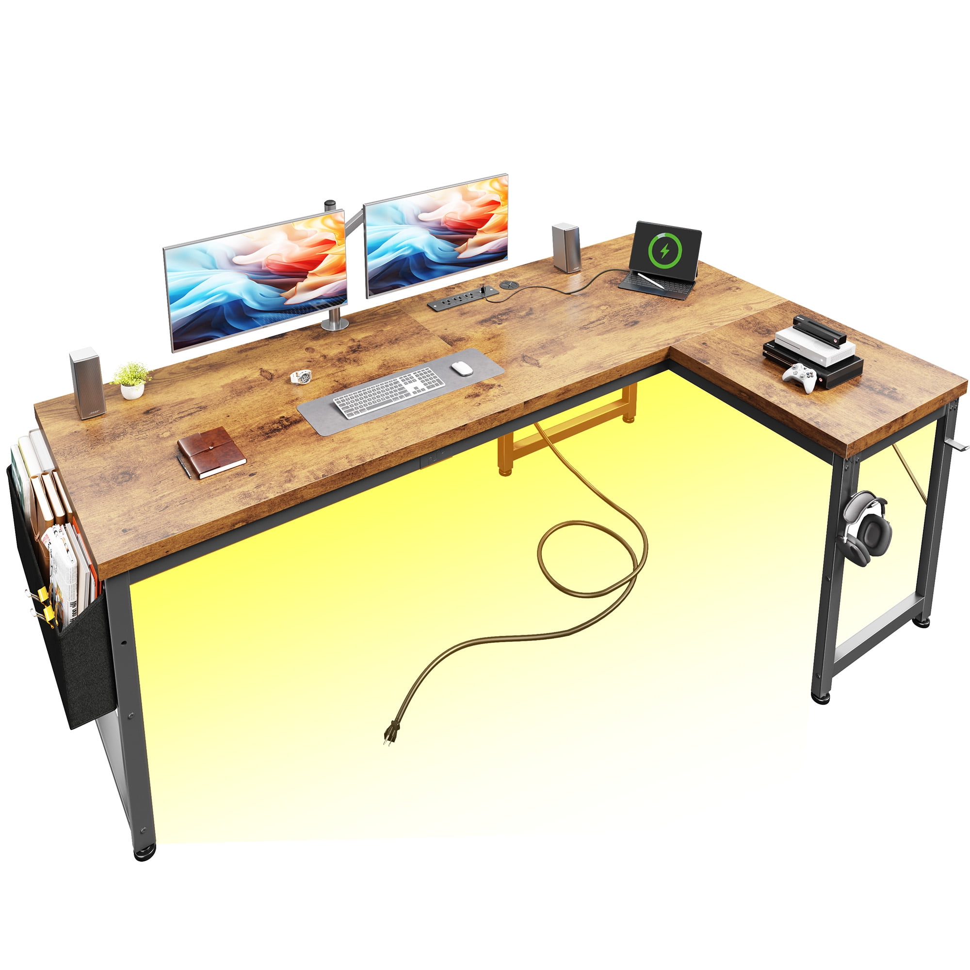 EnHomee Office Desk with Storage L-Shaped Desk with Outlets Gaming Desk with LED Lights for Bedroom,Rustic Brown