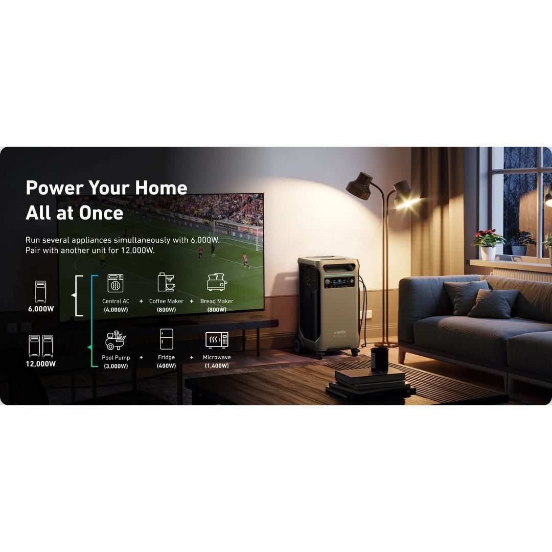 Anker SOLIX F3800 7680Wh 6000W Portable Power Station with Expansion Battery and Dual-Voltage for Home Backup (Black)