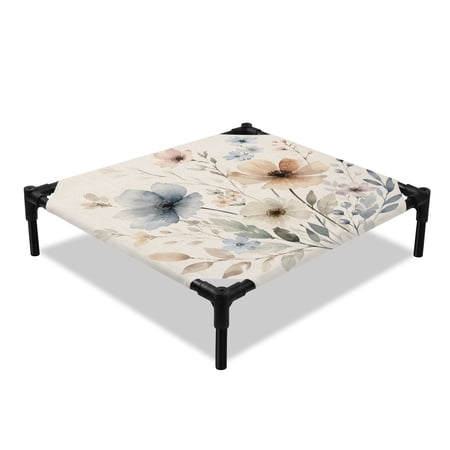 Spring Floral Elevated Dog Bed Botanical Blue Cream Flower Leaf Retro Linen Texture Cooling Breathable Outdoor Raised Dog Cot Bed with Metal Frame Non-Slip Feet for Small Dog 20x20in