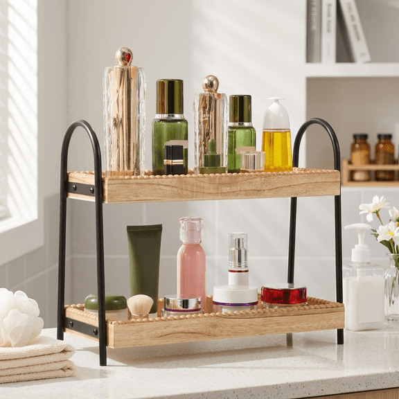 Keyohome Bathroom Countertop Organizer 2 Tier Vanity Organizer and Storage for Cosmetic Skincare Perfume Wood Bead Storage Shelf for Bathroom Kitchen Coffee Station