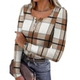 thumbnail image 1 of Top SAMPEEL Camisa Henley de manga larga para mujer, color marrón a cuadros, talla M, 1 of 5