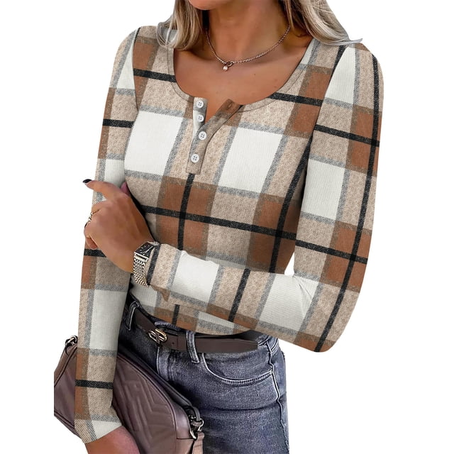 Top SAMPEEL Camisa Henley de manga larga para mujer, color marrón a cuadros, talla M