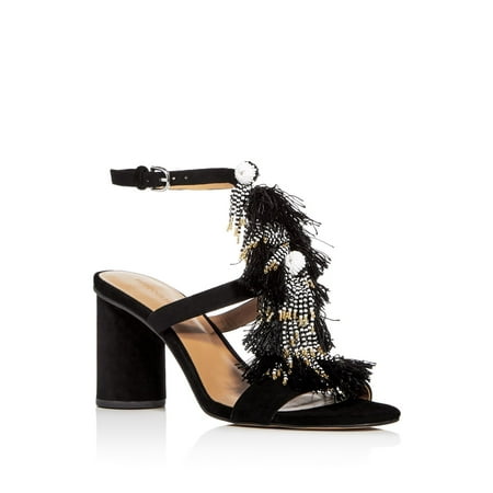 

REBECCA MINKOFF Womens Black Tassled Ankle Strap Beaded Alnie Round Toe Block Heel Buckle Leather Dress Sandals Shoes 7 M