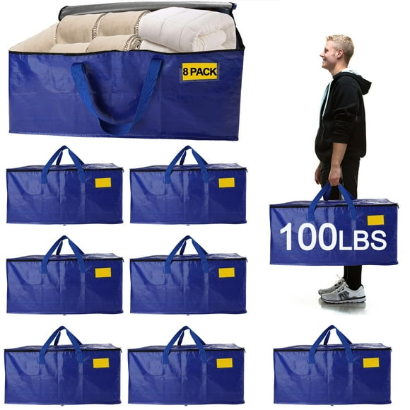 Demiwise Paquete de 8 bolsas impermeables para mudanzas con cremalleras fuertes y asas reforzadas, 100 lbs. Bolsas de almacenamiento grandes extra resistentes para embalaje y almacenamiento en mudanza