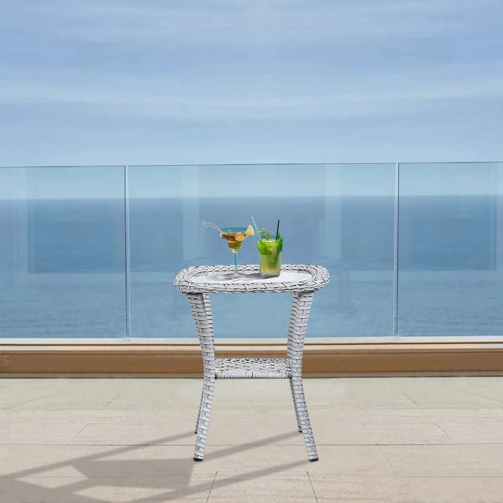 PARKWELL Outdoor Side Table with All-Weather Wicker Shelf - Rattan Tea Tables with Glass Top - Square Offwhite
