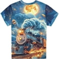 thumbnail image 4 of Kids Retro Steam Train Print T-Shirt Classic Locomotive Night Mountain Scene Graphic Crew Neck Short Sleeve Tee Summer Casual Outdoor Top for Boys(Grey,9-10 Years), 4 of 4