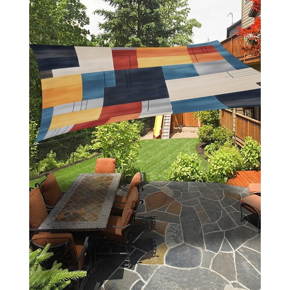 Abstract Stitching Sun Shade Sail 12'X16' Blue Yellow White Stripe Art UV Block Outdoor Sail Shades Breathable Waterproof Rectangular Sunshade for Patio Garden Pool Pergola Porch