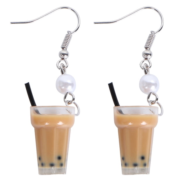 Pendientes colgantes de té con leche y perlas, pendientes de simulación, gancho para la oreja de té con leche y perlas