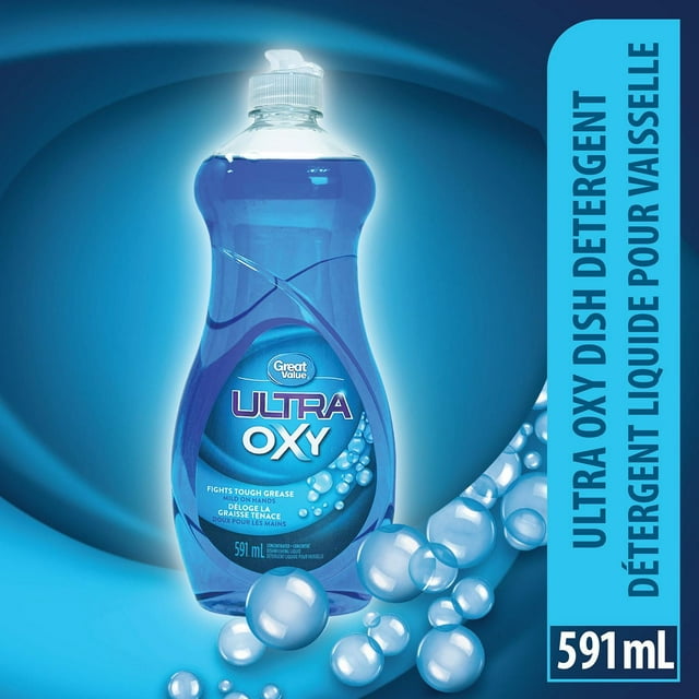 Great Value Ultra Oxy concentrated dishwashing liquid bottle with 591 mL capacity, featuring a blue label highlighting grease-fighting formula